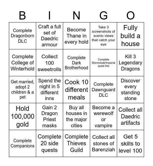 Hard Skyrim Bingo Card