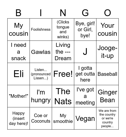 Angie Bingo Card