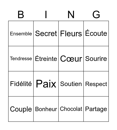 L'amour et l'amitié Bingo Card