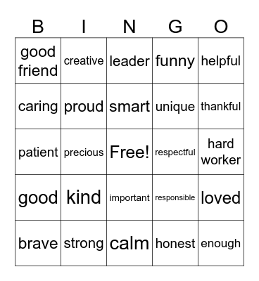 Positive Self- Talk Bingo Card