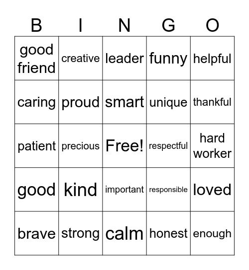 Positive Self- Talk Bingo Card