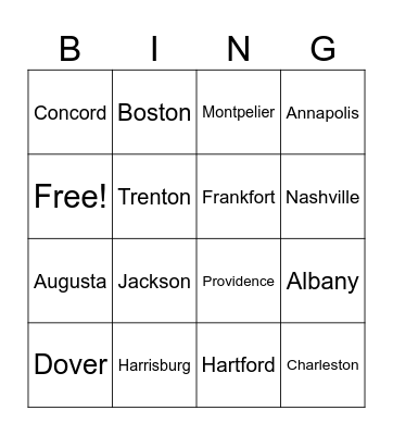 United States Capitals 1-15 Bingo Card