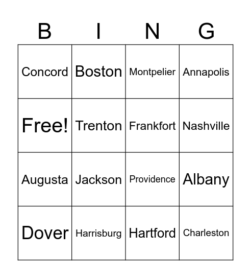 United States Capitals 1-15 Bingo Card