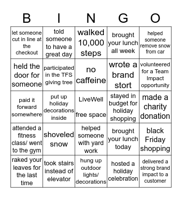 Wellness December  Bingo Card