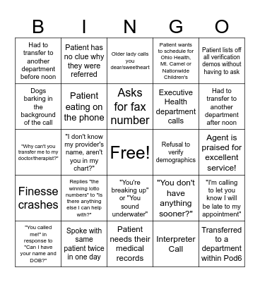 Call Center Bingo Card