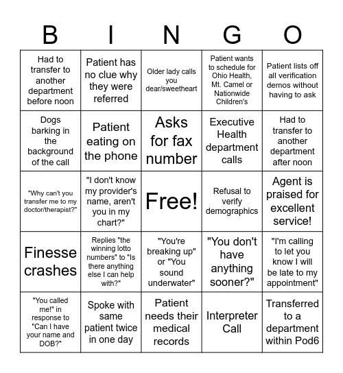 Call Center Bingo Card