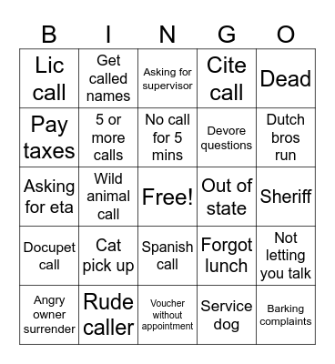 Call taker Bingo Card