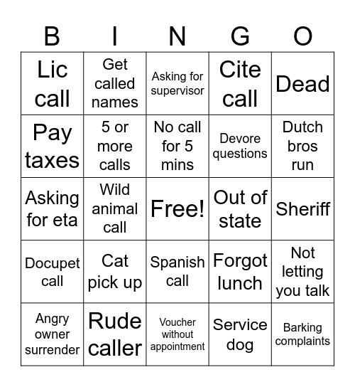 Call taker Bingo Card