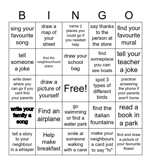 Things to do in our Community Bingo Card