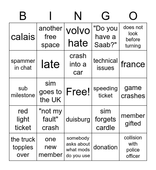 Simulator Adventures ETS2 Stream Bingo Card Bingo Card