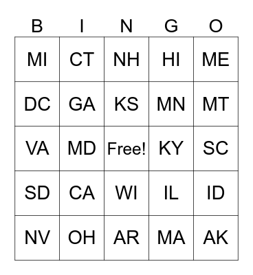 States Bingo Card