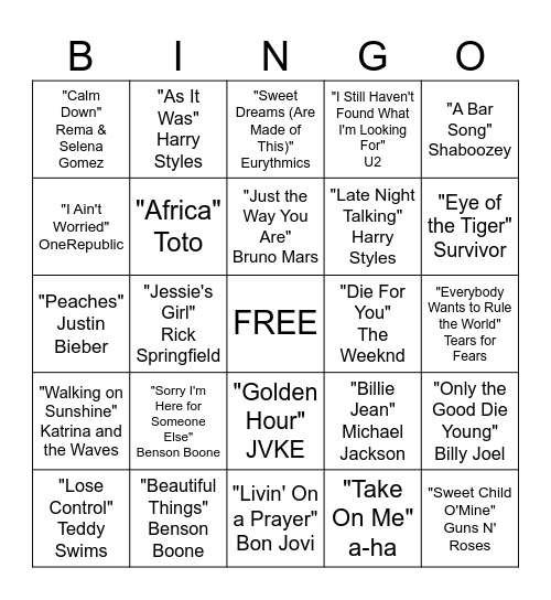 Musical Bingo Card