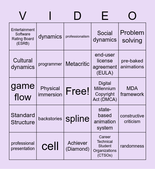 Game Design 2- 10/1 Bingo Card