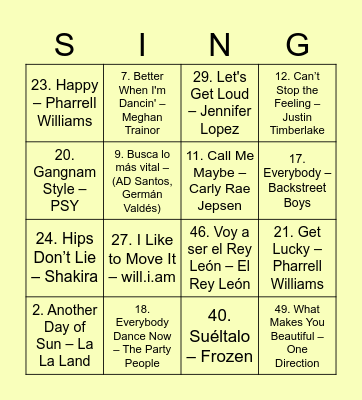 Bingo MUSICAL Bingo Card