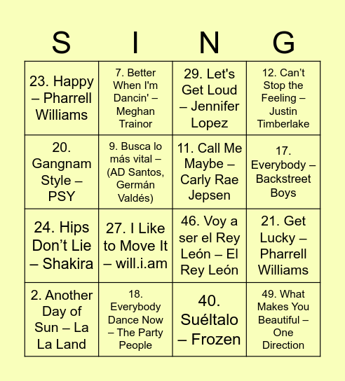 Bingo MUSICAL Bingo Card