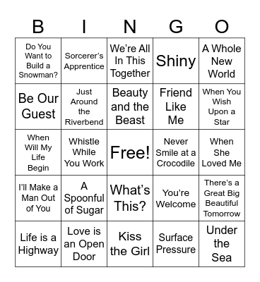 Disney Music Bingo Card