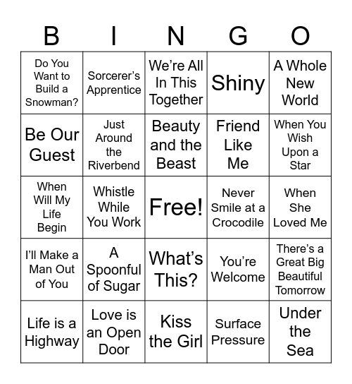 Disney Music Bingo Card