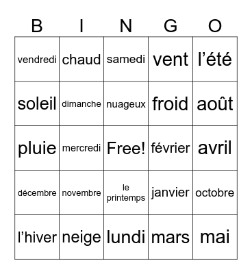 Weather, Months, Days & Seasons Bingo Card