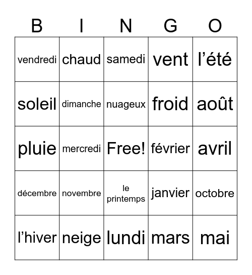 Weather, Months, Days & Seasons Bingo Card