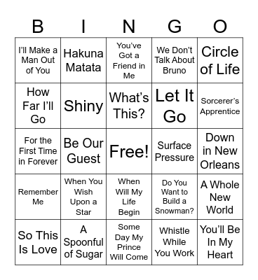 Disney Music Bingo Card