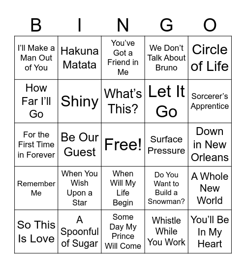 Disney Music Bingo Card