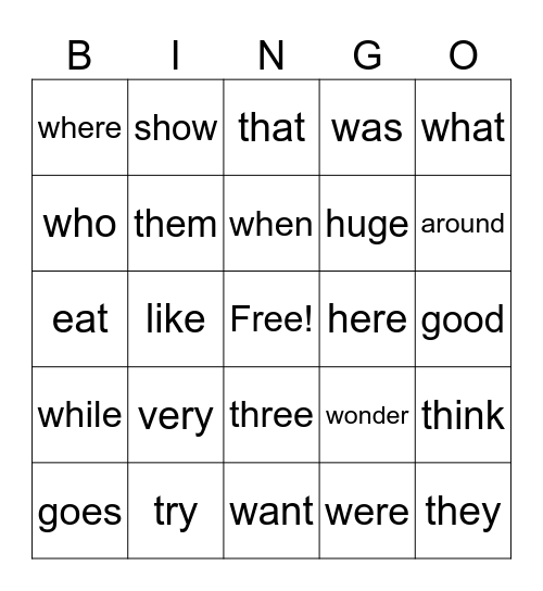 Sight Word Bingo Card