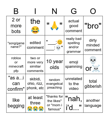 yt shorts comment bingo Card