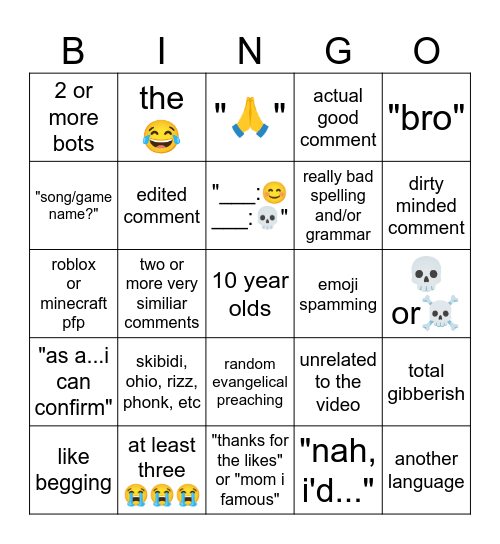 yt shorts comment bingo Card
