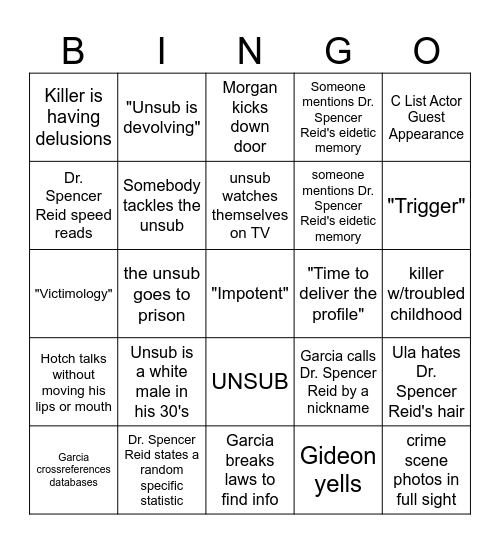 Criminal Minds Bingo Card