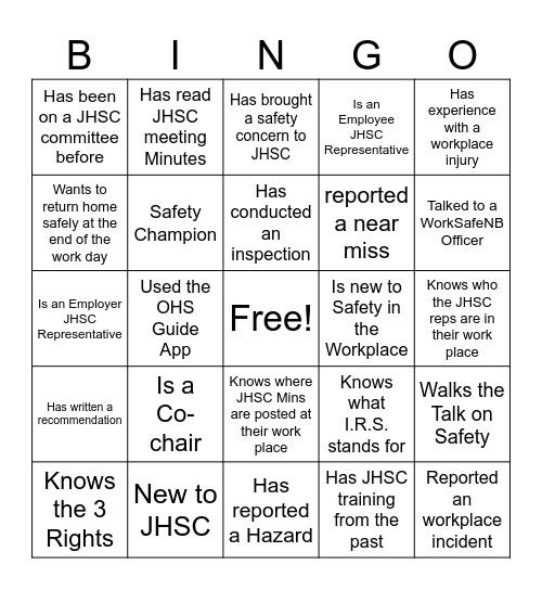 Ice Breaker JHSC Training Bingo Card