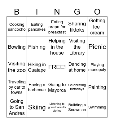 Family Activities Bingo Card