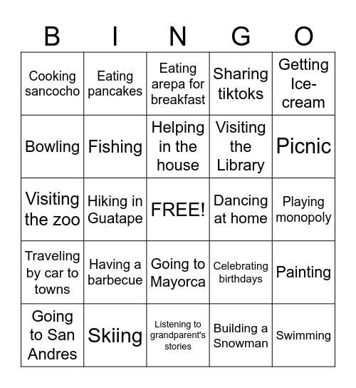 Family Activities Bingo Card