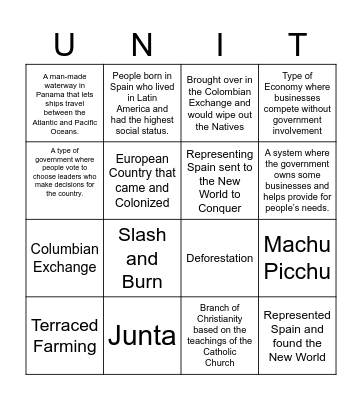 Unit 3 Vocab BINGO Card