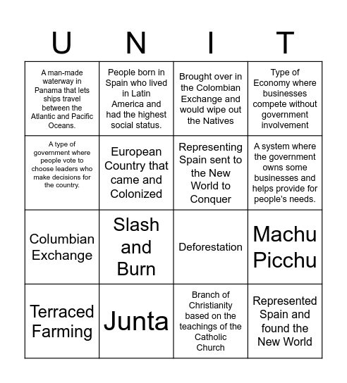 Unit 3 Vocab BINGO Card