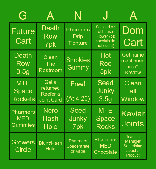 Budtender Bingo Card