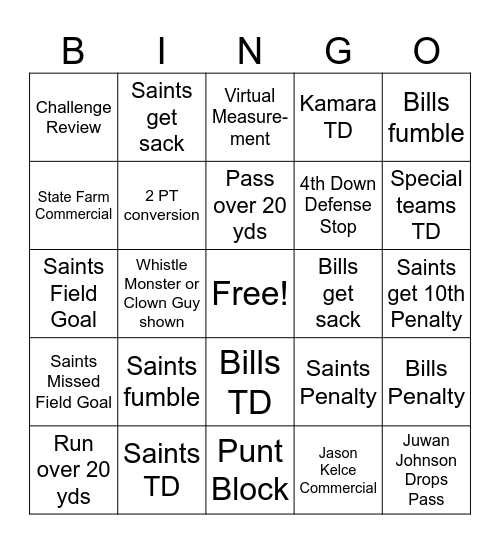 Saints Bingo Card