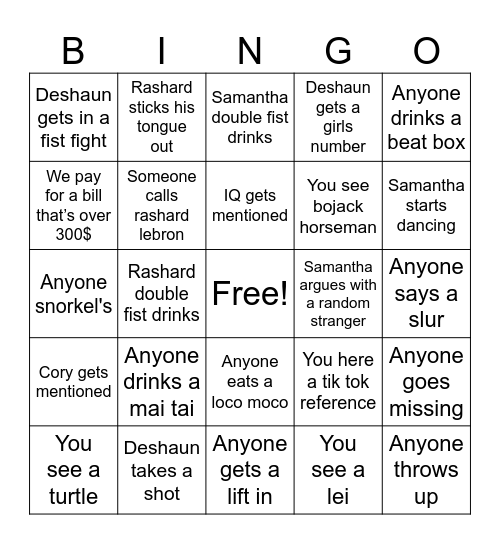 Hawaii bingo Card