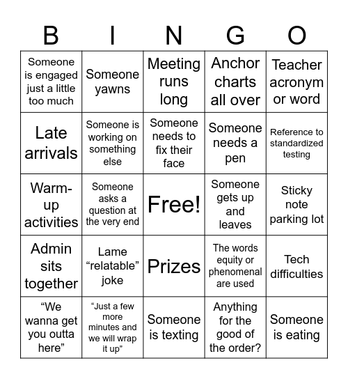 Staff meeting Bingo Card