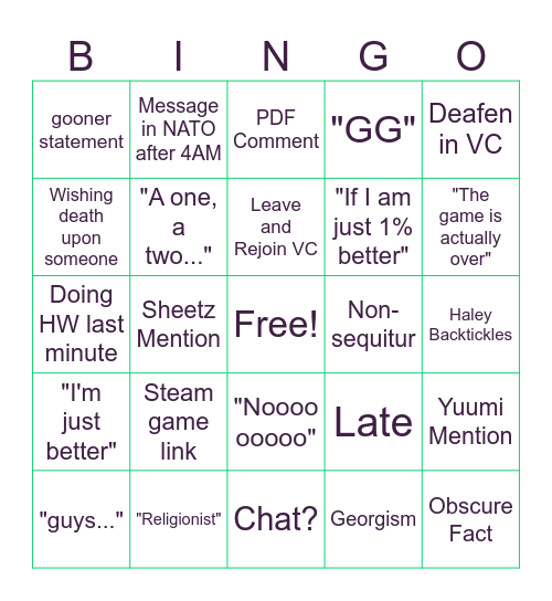 Ryland Bingo Card