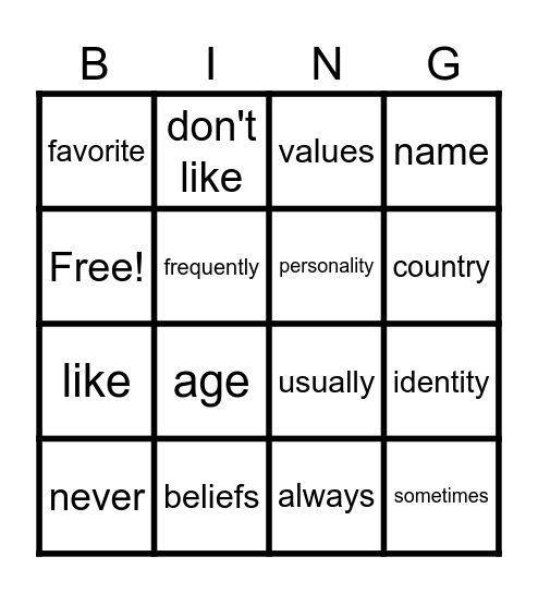 Identity Bingo Card