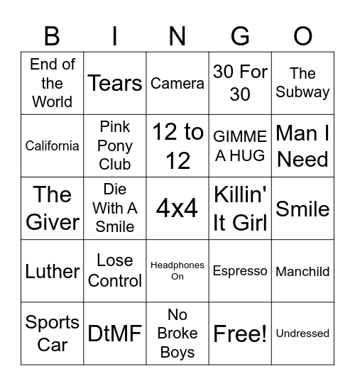 2025's Pop Hits Bingo Card