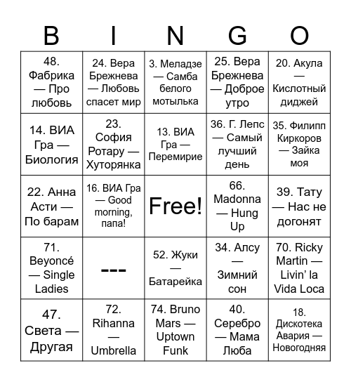Music Bingo Card