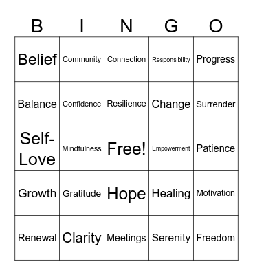 Recovery Bingo Card