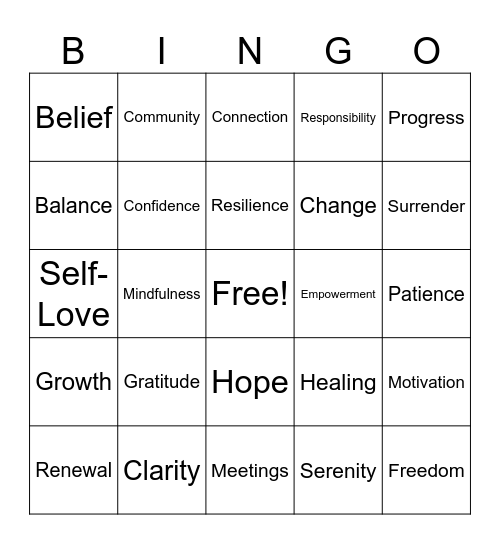 Recovery Bingo Card