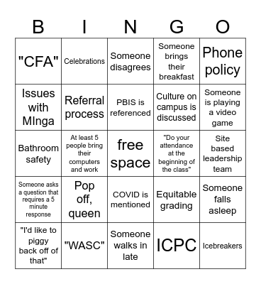 STAFF MEETING BINGO Card