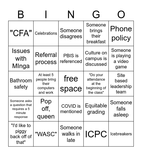 STAFF MEETING BINGO Card