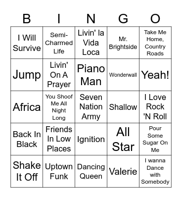 Bar Anthems Bingo Card
