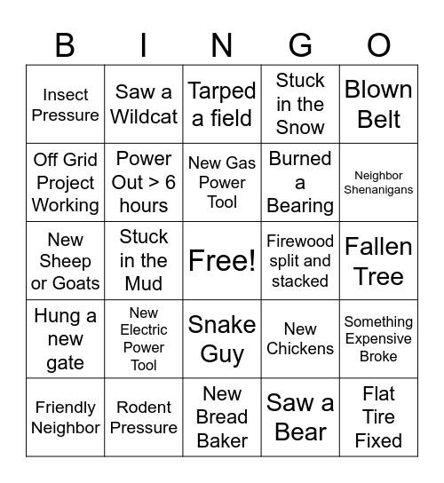 Homestead Bingo Card