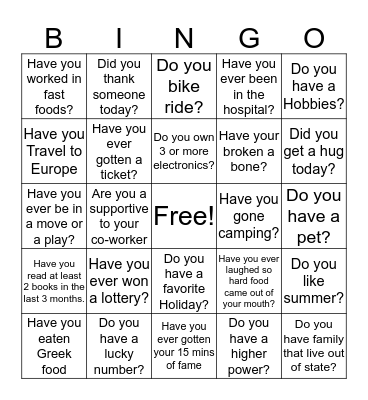 Life Experience  Bingo Card