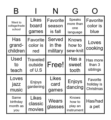 Get to Know Your Seniors! Bingo Card